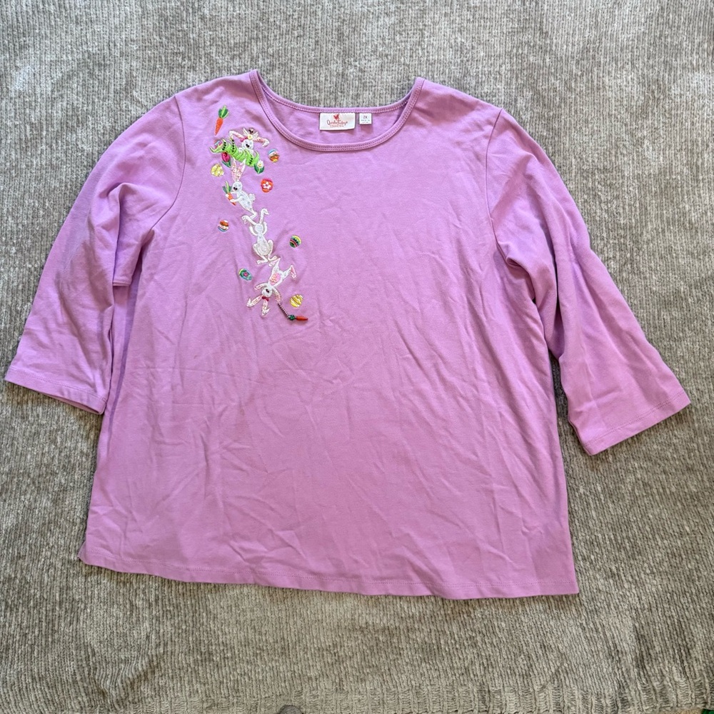 Quacker Factory 2X Lavender Easter Bunny Embroidered 3/4 Sleeve Top